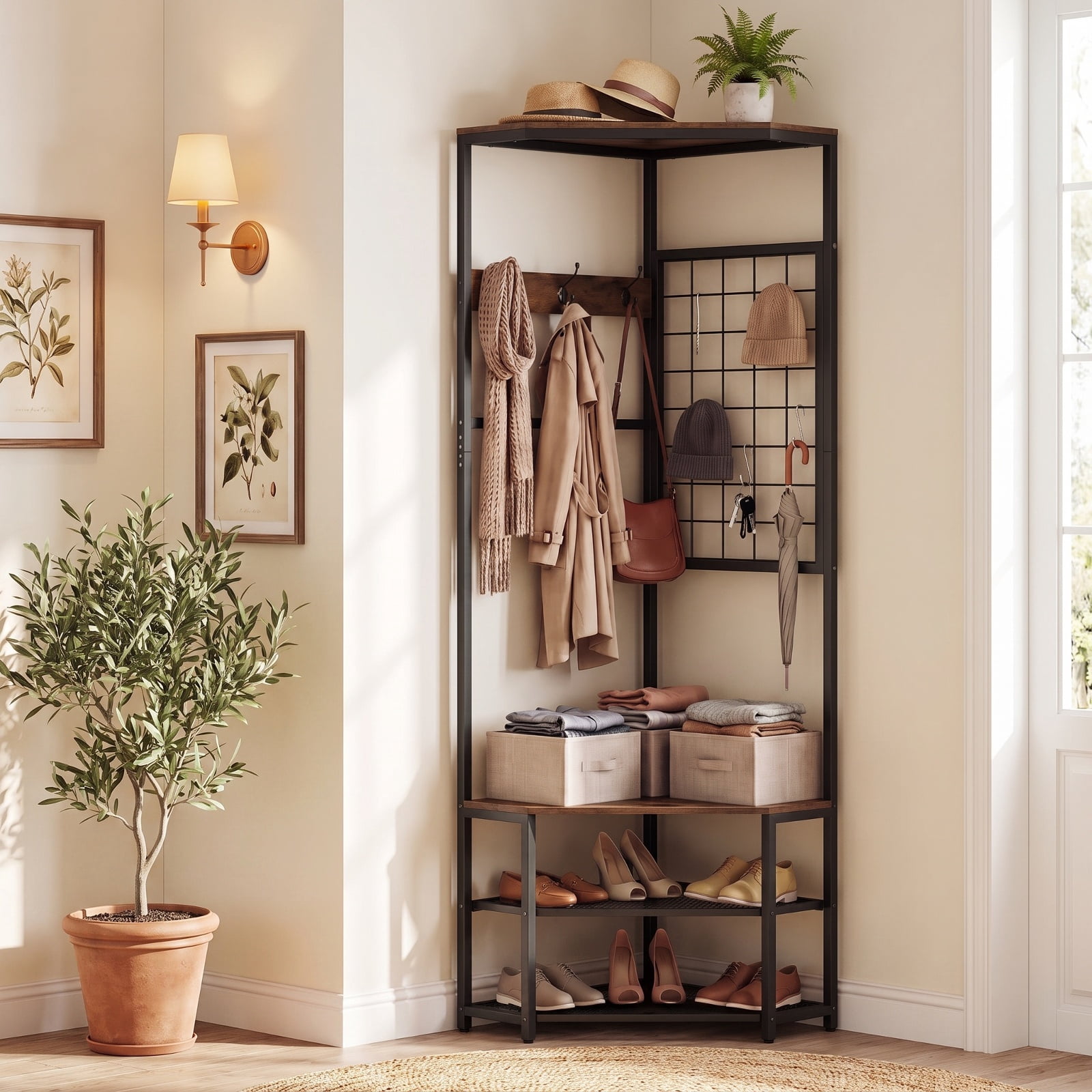 Furnibear Corner Freestanding Hall Tree Coat Rack with Storage Shelves and Removable Hooks for Entryway and Bedroom, Rustic Brown