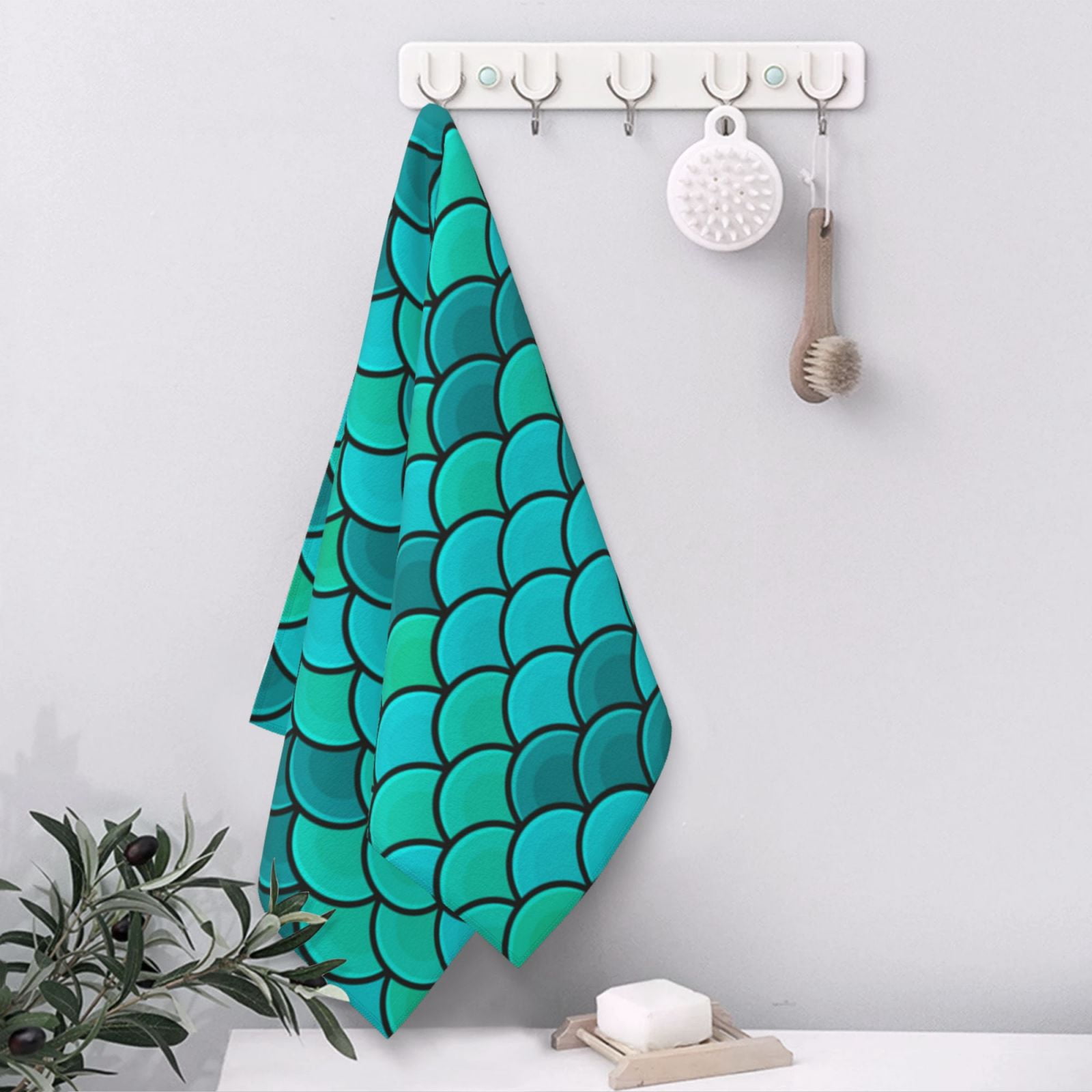 Fish Scales Blue Geometric 27.5" x 16" Ultra Soft Hand Towel, Face Wash Cloth for Bathroom, Gym, Travel, Pool