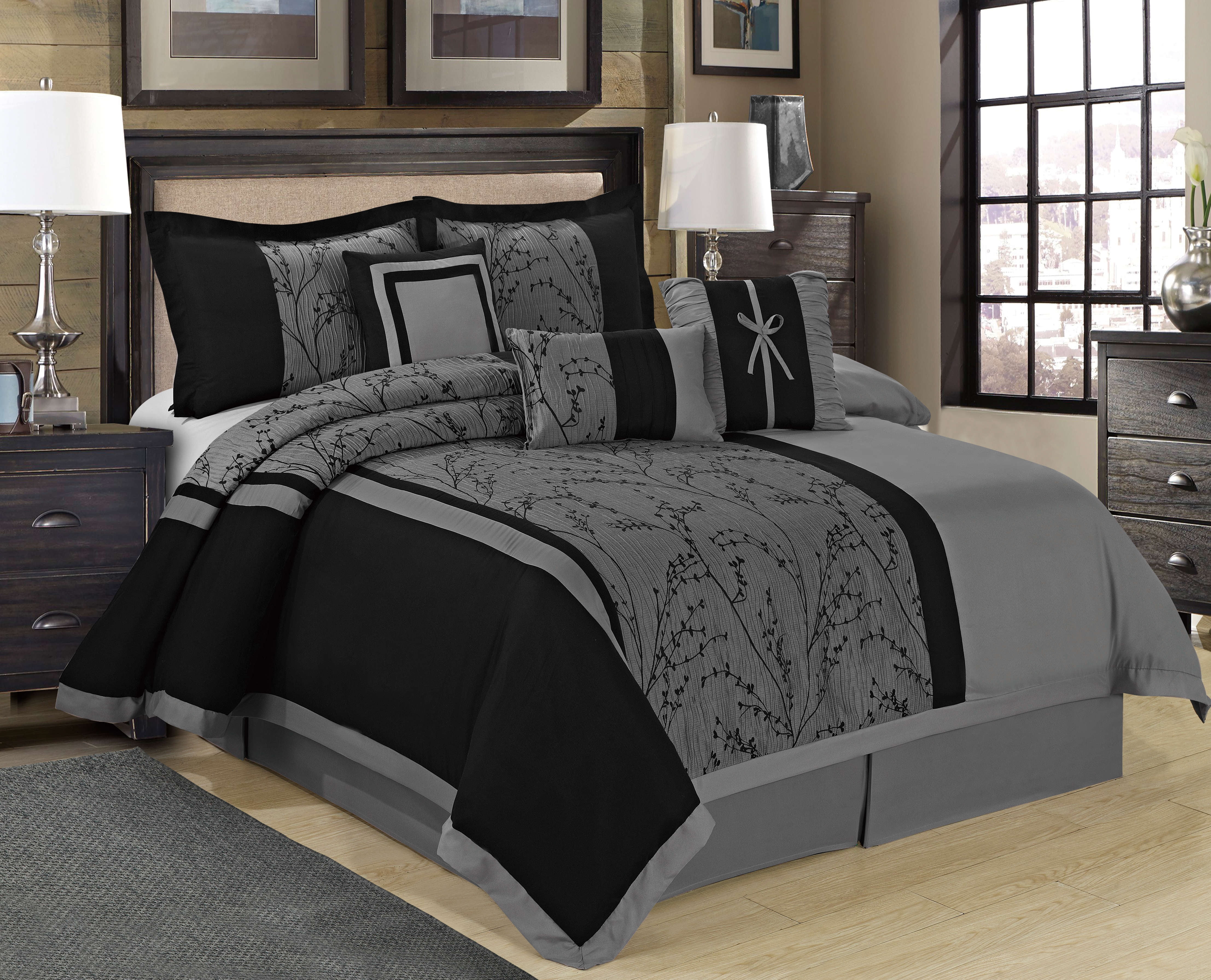 WT 7 Piece Jacquard Gray Black Comforter Set KING Size Gray Color 