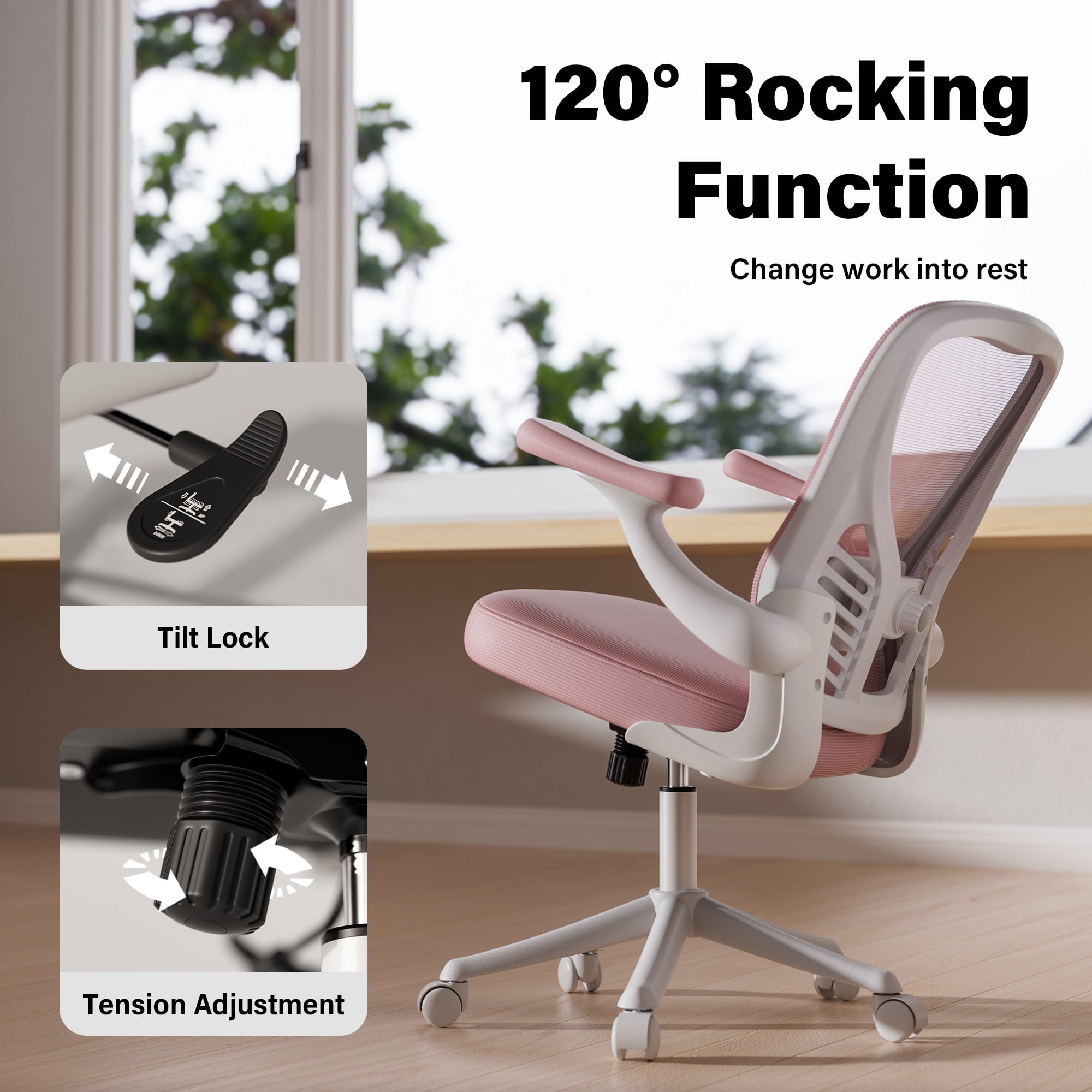 Ninecer Ergonomic Mesh Office Chair, Mesh Back Office Chair with Flip-up Arms, Swivel Computer Desk Chair with Lumbar Support for Adult, Pink
