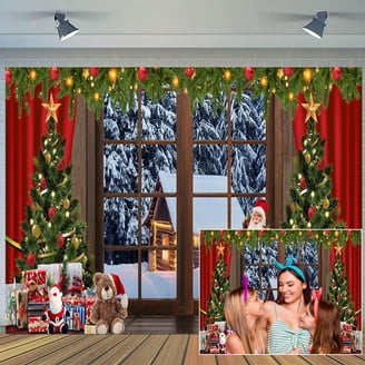 ASDCXZ 15x8ft Christmas Backdrop Xmas Trees Red Curtain Photography Background Gold Balls Gifts Bear Window White Snowflake Forest Kids Birthday Banner Decorations Holiday Party Photo Booth Prop