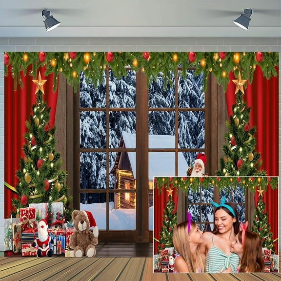 8 x 6 ftChristmas Window Photography Backdrops Xmas Trees Gift Boxes Background Merry Christmas Window View Winter Snow Forest Snowflake Party Supplies Decorations Banner Photo Studio Props