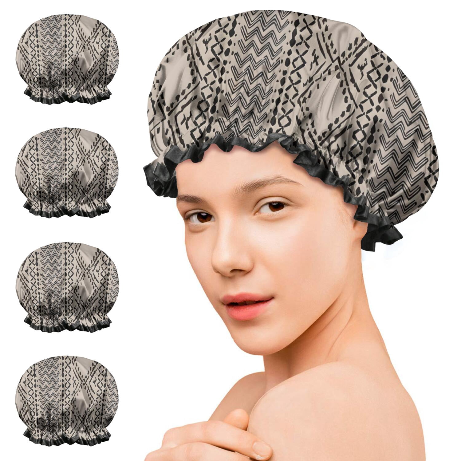 Shower Caps,Boho Black and White Ethnic Pattern Waterproof Shower Cap for Women 4 Pieces,Double Reusable Hair Cover for Shower PEVA Elastic Stretch Hem