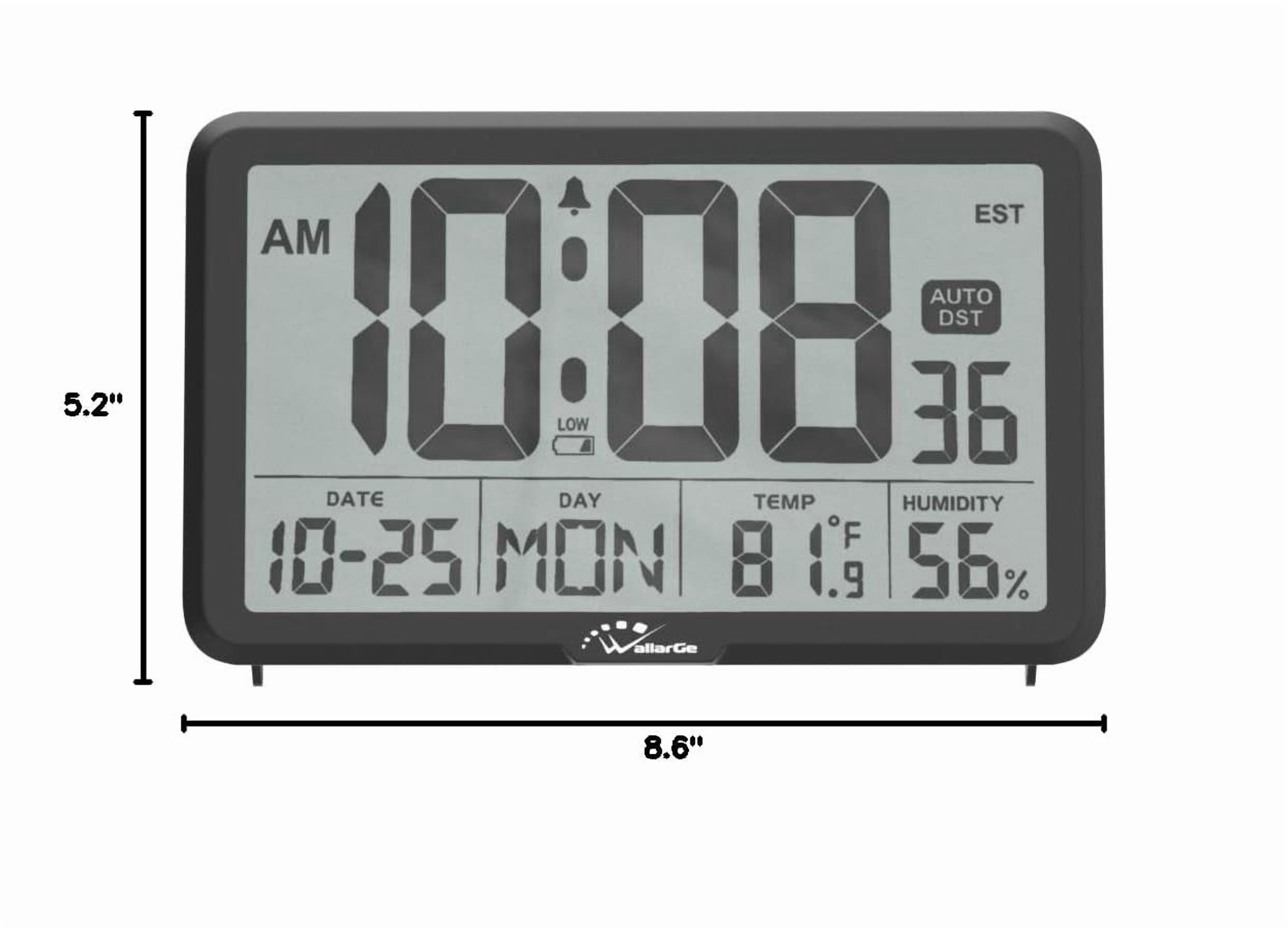 Digital Wall Clock Battery Operated Auto Set, Large Display with Temperature Humidity Date, Desk Calendar Alarm Clock for Home Office Bedroom, 8 Time Zones