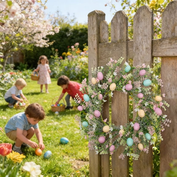 Fwttom Easter Wreath, Easter Decorations with Colored Egg Design, Holiday Spring Wreaths for Front Door, Patio & Porch, Multicolor