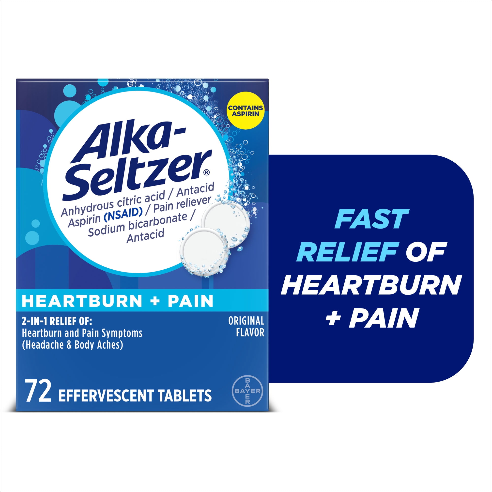 Alka-Seltzer Heartburn Relief and Pain Relief, Aspirin + Antacid Effervescent Tablets, 72 Count