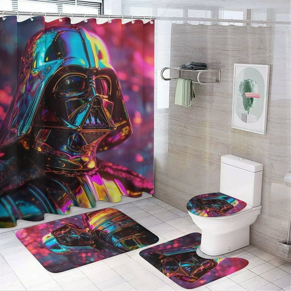 4 Pcs Shower Curtain Set Darth Vader Shower Curtain with 12 Hooks, Non-Slip Rugs,Toilet Lid Cover And Bath Mat for Bathroom Decor