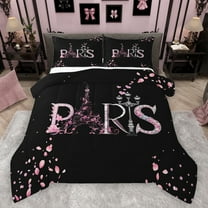 Feelyou Eiffel Tower Pink Queen Comforter Set, Romantic Paris Bedding Sets, Fashion Cherry Blossoms Reversible Bedding Comforter Set, Luxury Bedroom Decor, 3pcs