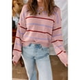thumbnail image 4 of Womens Striped Ribbed Edge Sweater Long Sleeve Crewneck Drop Shoulder Fall Sweaters Top Pink S, 4 of 6