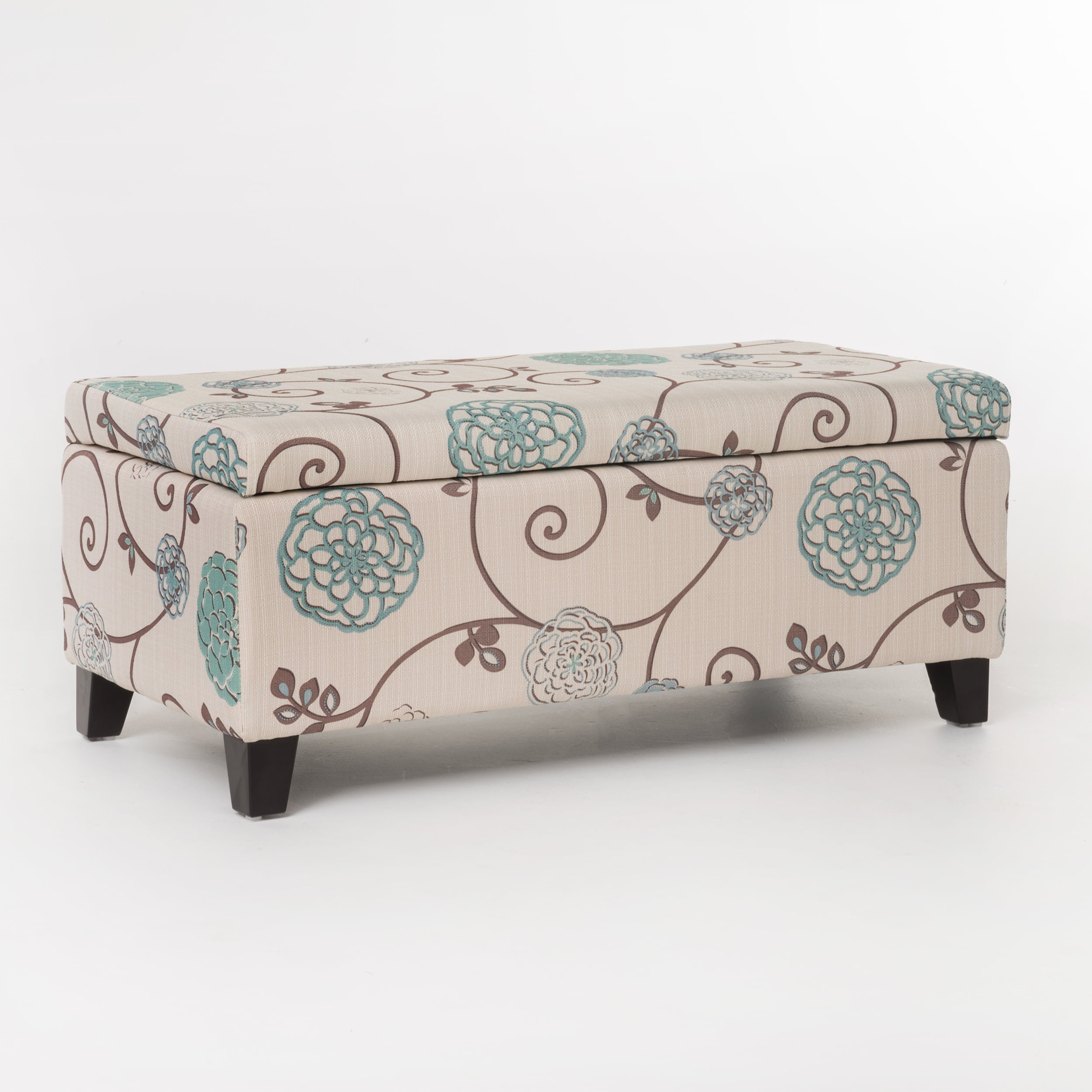 Noble House Hampton Contemporary Fabric Upholstered Storage Ottoman, White and Blue Floral