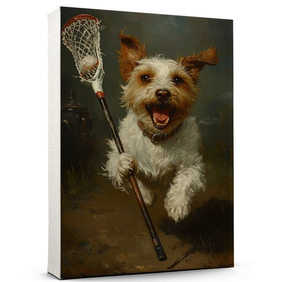 Wire Fox Terrier Dog Playing Lacrosse Stretched Canvas Size 8x12 – Sports Dog, Perfect for Animal Lovers, Wire Fox Terrier Dog Canvas, Lacrosse Canvas Size Wall Art