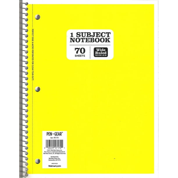 Pen + Gear Spiral Notebook, Wide Ruled, 1 Subject, 70 Pages, 10.5" x 8