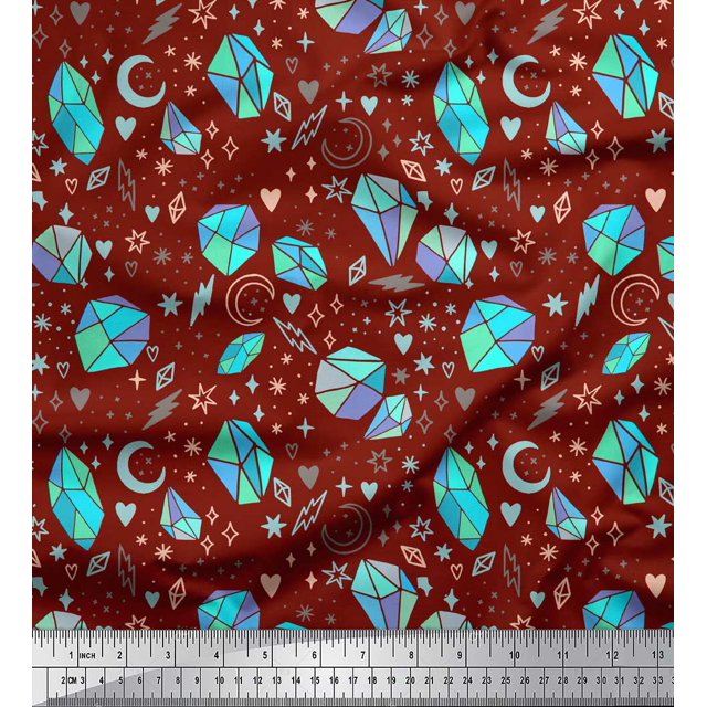 Soimoi Red Moss Georgette Fabric Heart & Crystal Stone Geometric Printed Fabric 1 Yard 42 Inch Wide