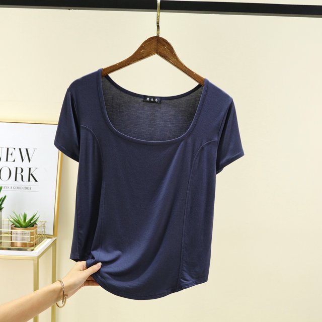 Simple Modal T-Shirts Col Carré Manches Courtes Été T-shirt Femme Couleur Unie Base Tee Tops Ourlet arc Top FJH