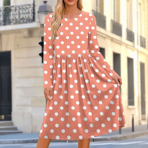 Dolkfu French Chic Womens Fall&Winter Dresses Long Sleeve Orange Crew Neck Twofer Polka Dot Retro Vintage Mid-Length Relaxed Fit Dresses Orange,L