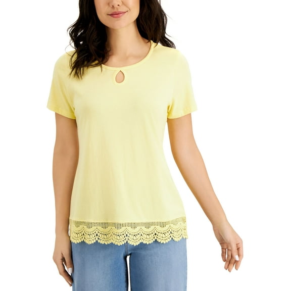 Karen Scott Scoop Neck Crochet Hem Top Citron Aura L