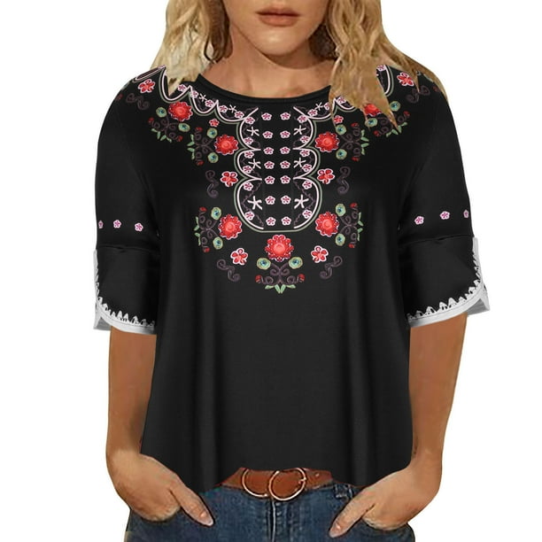Moda mujer verano sexy cuello redondo impreso regular mujeres manga corta top Fridja zx2857