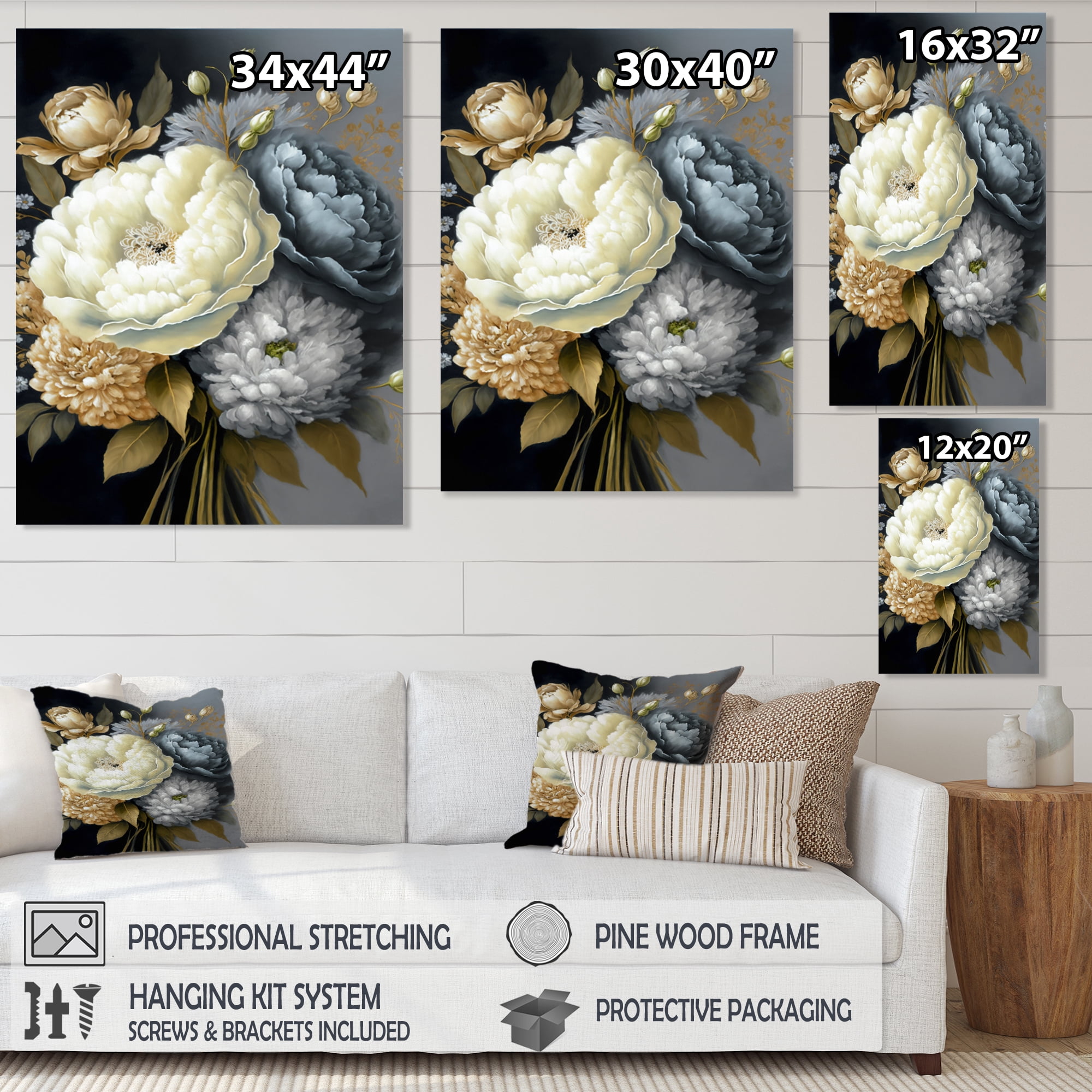 Designart White, Blue And Grey Peony Bouquet II Canvas Wall Art