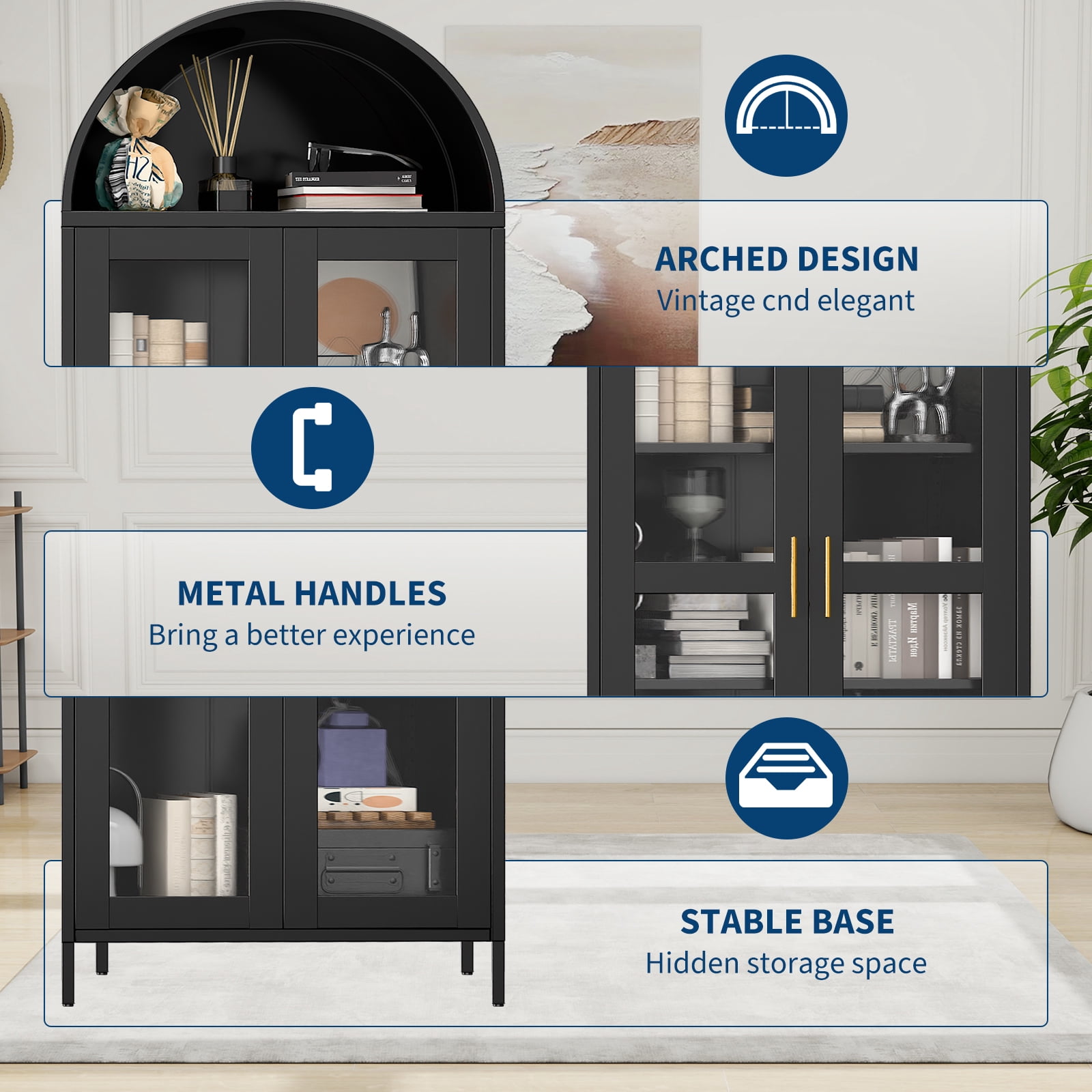73'' Arched Kitchen Pantry Storage Cabinet with Doors/Shelves, Black Arched Bookcase Display Cabinet for Home Office Bar Living Room, Assemble Require