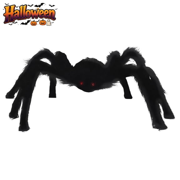 Qocolcyl 24in Giant Halloween Hairy Spider Decor With Red LED Eyes, Bendable Leg Realistic Scary Black Spider Prop, Indoor Outdoor Yard Window Tree Halloween Party Decorations