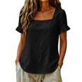 thumbnail image 6 of QUNYINEY Black Women T Shirts Cotton Linen Short Sleeve Summer Tunic Tops Loose Fit Casual Ruffle Square Neck Pullover Shirts, 6 of 7
