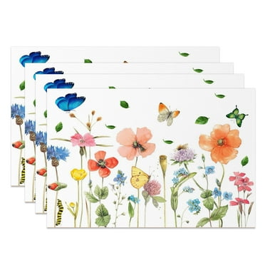 SUNOLIFE Flower with Butterfly Table Mats, Linen for Dining Table Decorations, 12 x18", 4 Count