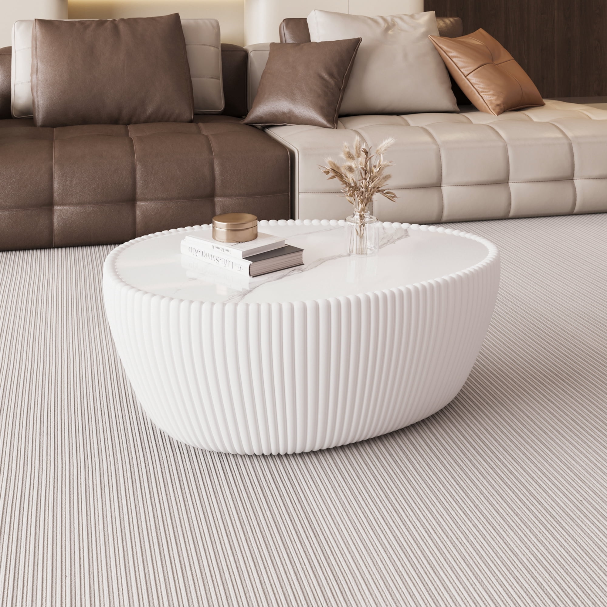 Leumius Modern Coffee Table, Sintered Stone Goose Eggs Shape Leather Sofa End Table, Luxurious Side Table for Home Decor Living Room White