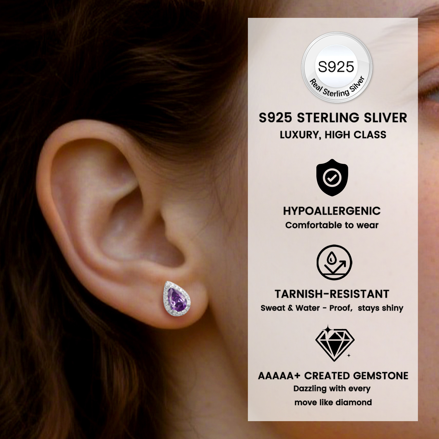 Bestyle 925 Sterling Silver February Birthstone Stud Earrings photo 2