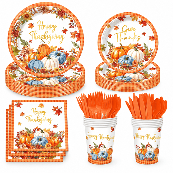 Thanksgiving Plates, 120PCs Give Thanks Plates Serves 20 with Napkins and Give Thanks Banner Forks for Fall Autumn Thanksgiving Party Decorations