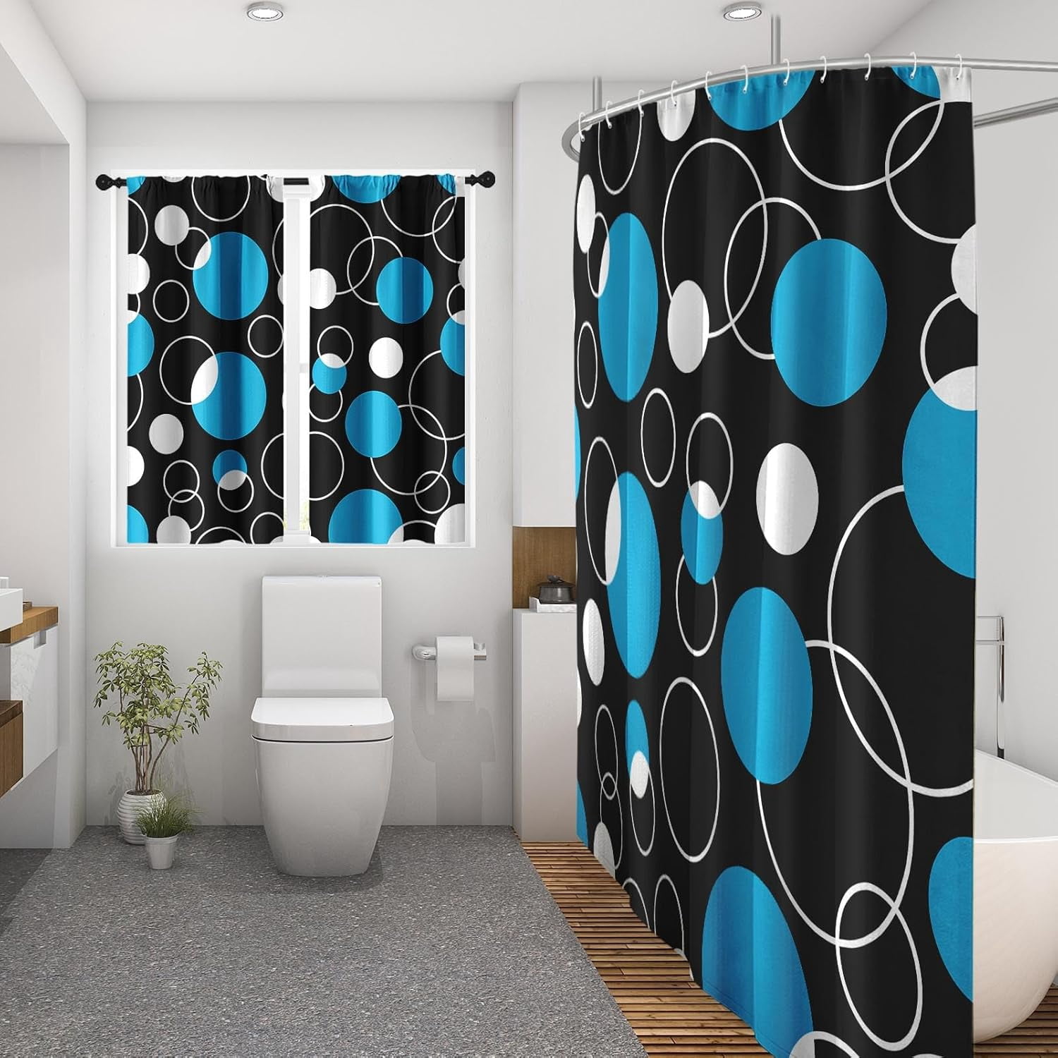 Vintage Brown Shower Curtain Set with Window Curtain, Royal Abstract Line Modern Bathroom Window Curtain with Waterproof Shower Curtain Set for Bathroom Decor