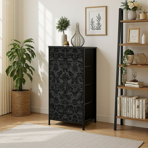 4 Drawer Vertical Storage Dresser Damask floral Royal Flowers black ornament with Wood Top Fabric Pull Drawers