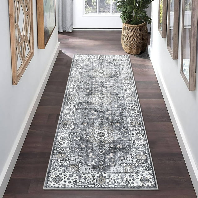 2x6ftFt Washable Area Rug - Vintage Medallion Distressed Carpet - Non Slip Backing Low Pile Design - Soft Floor Rug for Living Room Bedroom Dining Room Office - Durable Farmhouse Grey