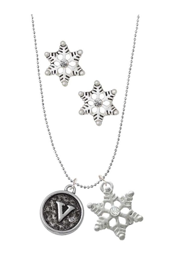 Silvertone Antiqued Round Seal - Initial - V - Silver tone Snowflake Charm Necklace and Stud Earrings