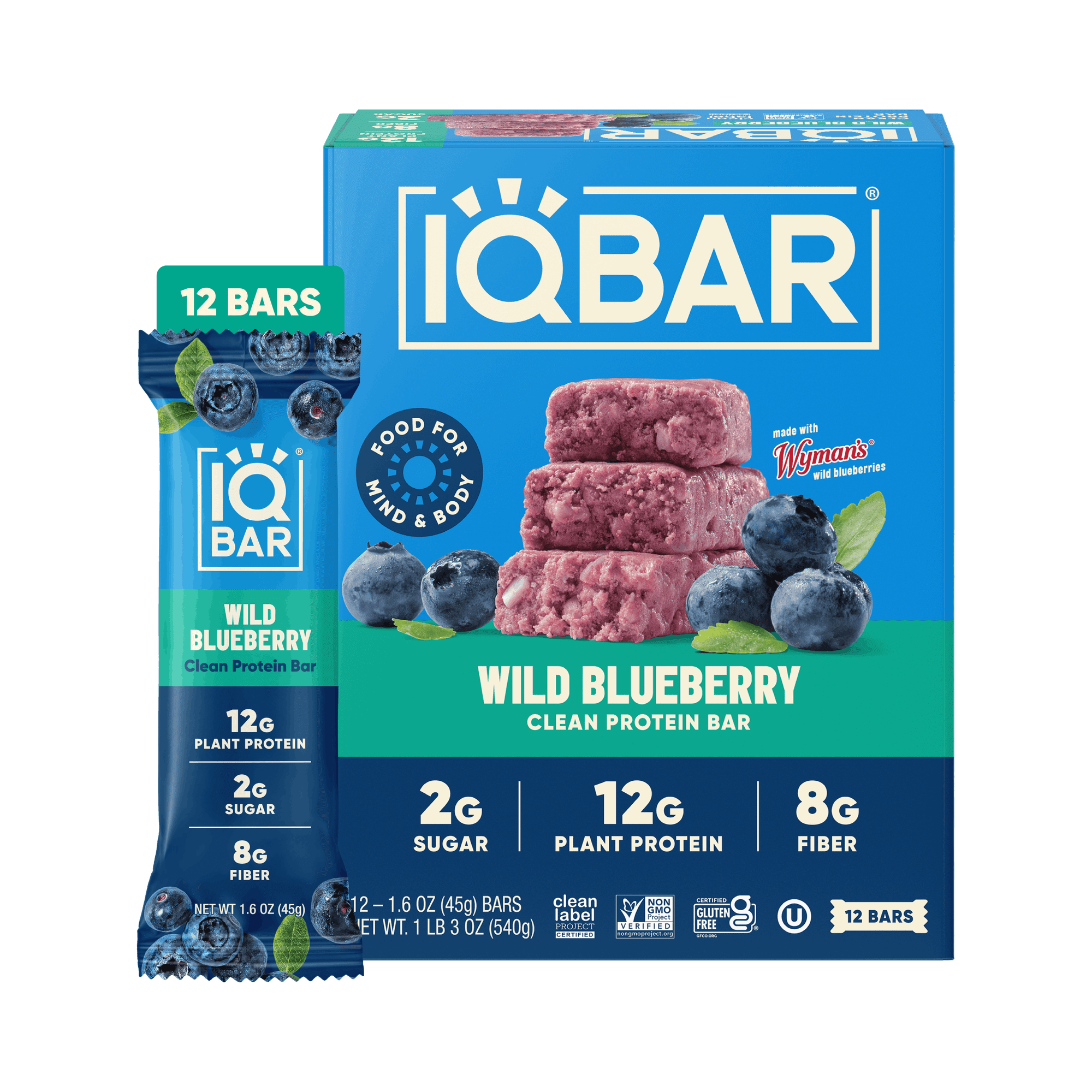 IQBAR Clean Plant Protein Bars - Wild Blueberry - 12 Count - Keto, Vegan, High Fiber, Gluten and Dairy Free, Low Sugar Snack