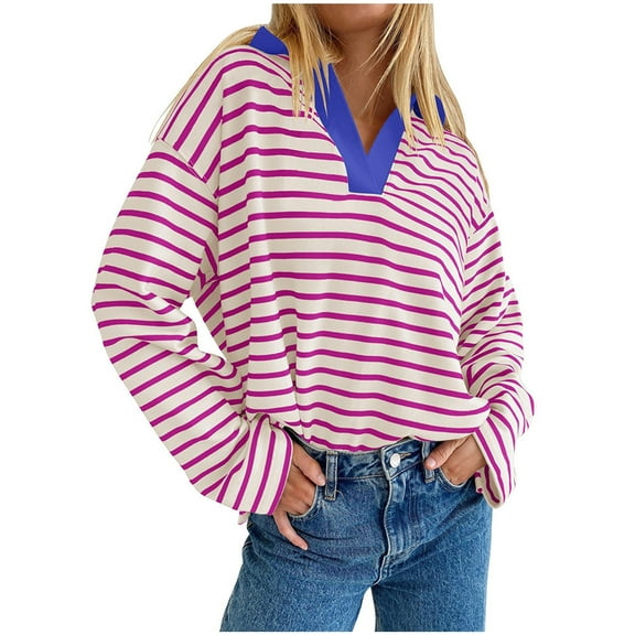Patlollav Winter Women's Fashion Loose Long Sleeve Pullover Hoodless Stripe Sweatshirts Blouse Tops