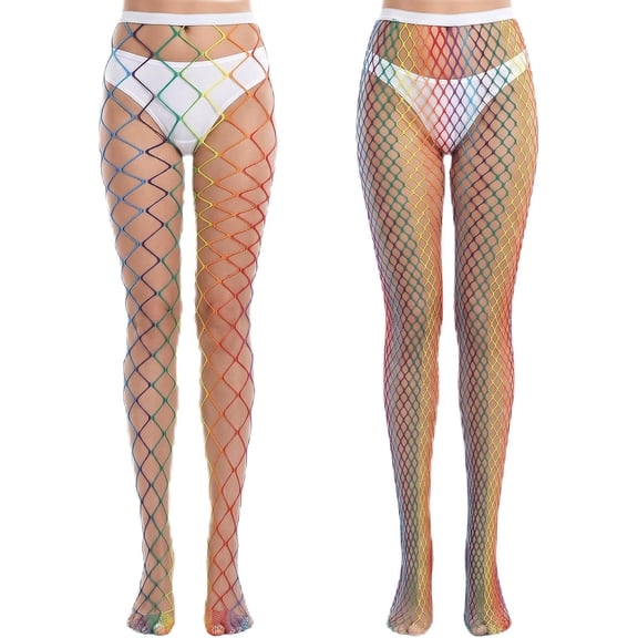XIBUFE 2 Pairs Rainbow Fishnet Socks,Rainbow Fishnet Tights,High Waist Tights,With Medium Large Fishnet Sizes,For Women,Fishnet Stocking,For Halloween,Lgbtq Pride,Funky Style,Parties,Raves