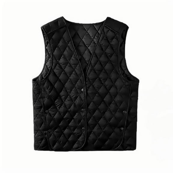 Women Full Zip Quilted Vest Outerwear Plus Size Cotton Padded Stand Collar Sleeveless Puffer Jacket with Pockets (5XL, Black|V-Neck)