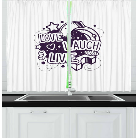 Live Laugh Love Curtains 2 Panels Set, Abstract Stars Hearts and Dotted Lines Motivational Calligraphy, Window Drapes for Living Room Bedroom, 55W X 39L Inches, Dark Purple White, by
