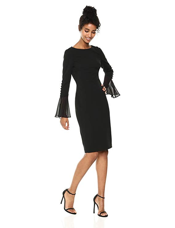 Calvin Klein Solid Sheath with Chiffon Bell Sleeves Dress, Black, 12 -  