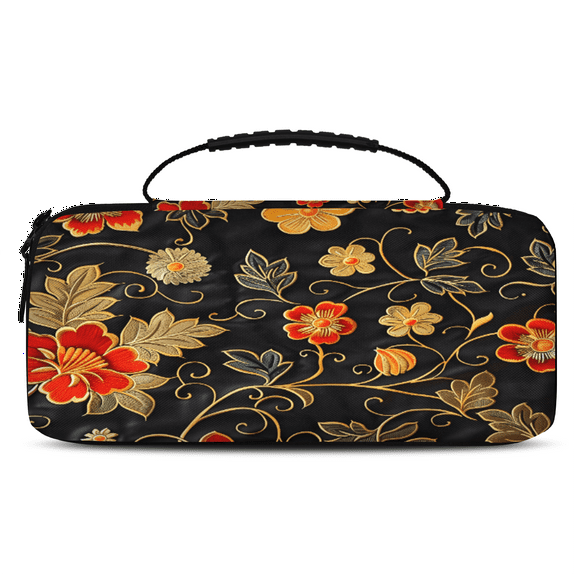 Herdesigns Gold Red Flowers Carry Case Compatible with Nintendo Switch 2017 & Oled 2021, with 20 Game Card Slots, Retro Floral Portable Travel Carrying Case Pouch for Accessories & Games