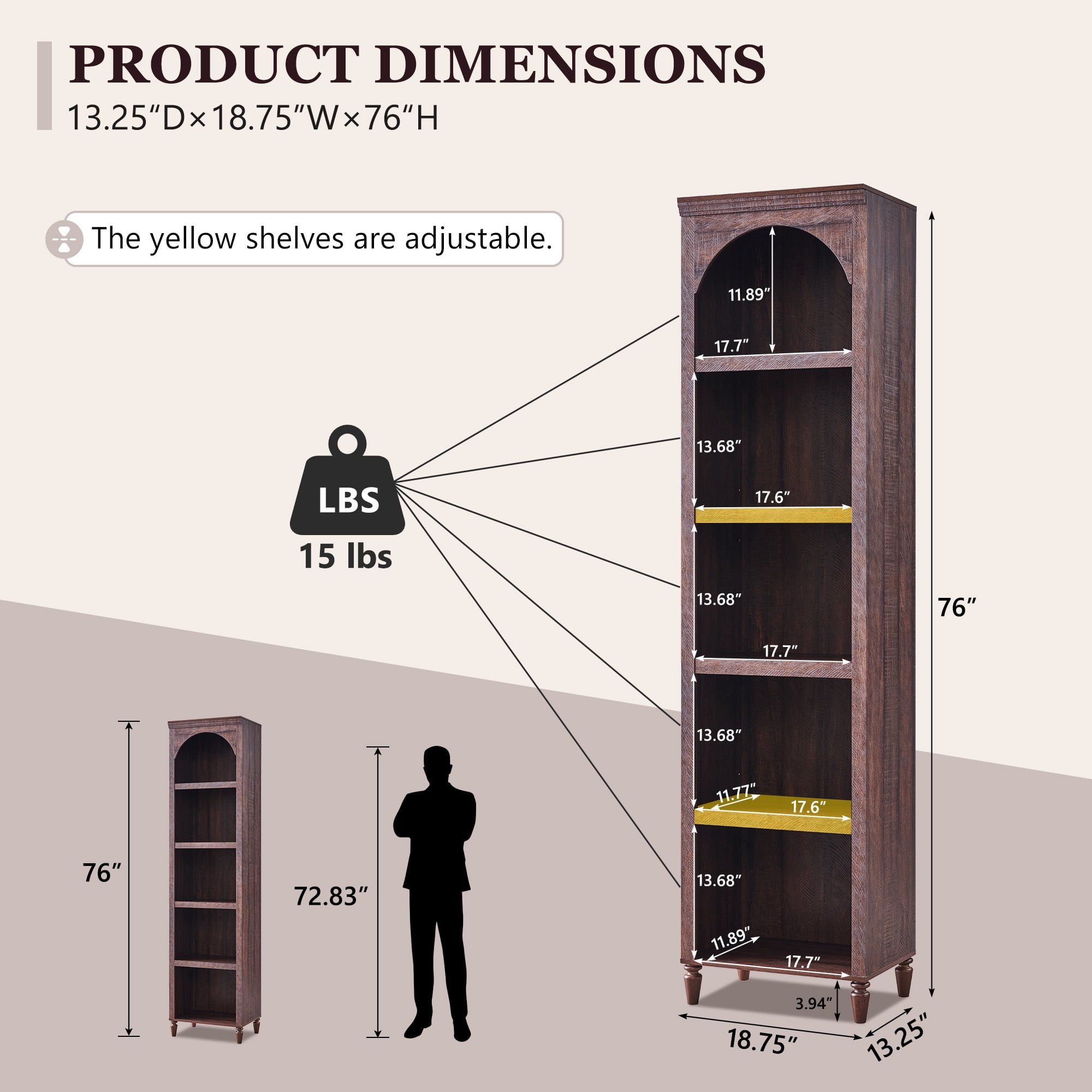 SinCiDo Tall Arched Bookcase, 5-Tier Narrow Bookshelf with Open Display Shelves for Living Room, Brown
