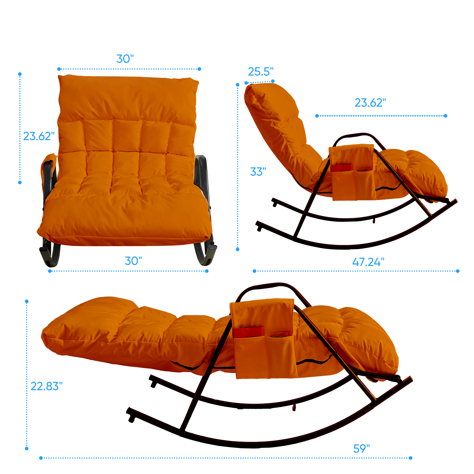 BALUS Rocking Chair, Leather Nursery Recliner with Adjustable Backrest & Footrest, Side Pockets, Modern Living Room Seating Space-Saving Design, Orange