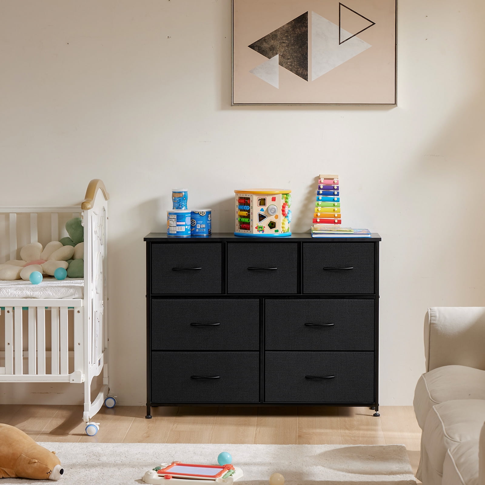 Aidoly Dresser for Bedroom, 7 Storage Drawers, Anti-Tip Wide Fabric Closet Organizer Tower Furniture, Wooden Top with Metal Frame, Black
