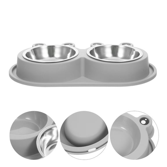 TABLZONE Stainless Steel Double Dog Bowl with Moat and Nonslip Light Grey Base