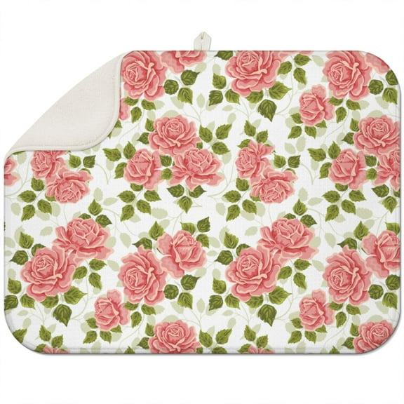 Microfibre Drying Mat for Kitchen Pink Rose with Green Leaf Dish Drying Drainer Mat Absorbent Pioneer Drying Mat Washing Up for Glass, Plate & Cup 18inch X 24inch