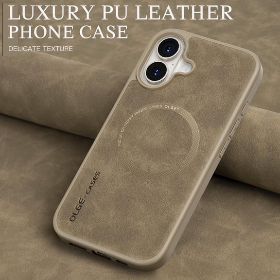 ELEHOLD Case for iPhone 16, Luxury Faux Leather Shockproof Case, Magnetic Car Mount Compatible,Desertgold