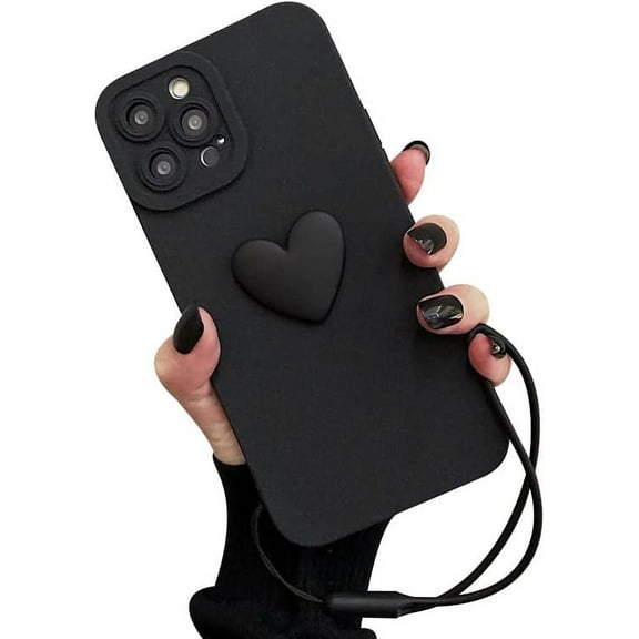 Compatible with iPhone Case,Cute 3D Love Heart Wristband Strap Bracelet Chain Camera Lens Protection Soft Shockproof Cover Phone Case (Black,iPhone 12 Pro)