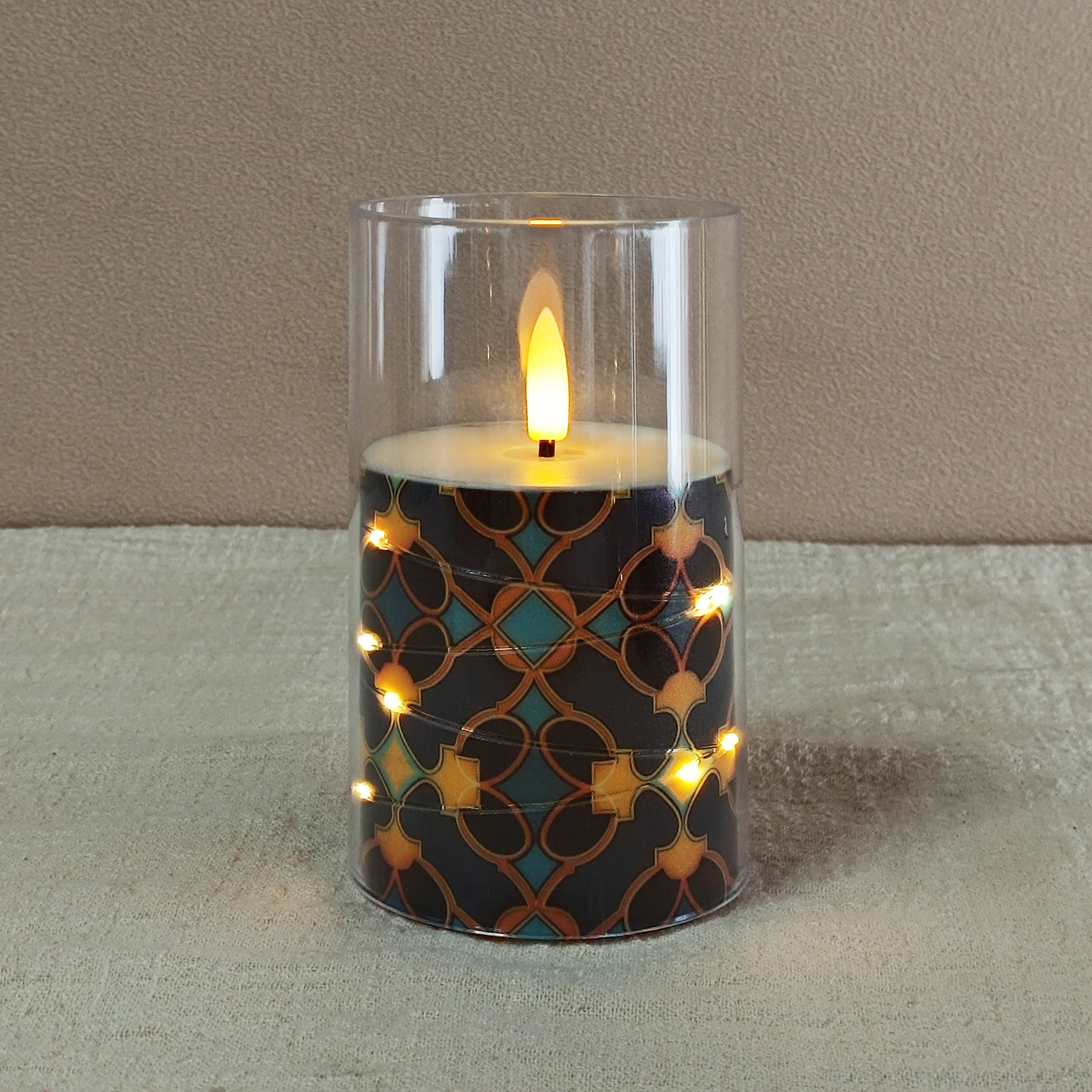 Flameless Candles with String Lights LED Candle Battery Operated Candles with Remote Control,Printed Pillar LED Candles for Wedding Holiday Party Table Home Decorations,Set of 3