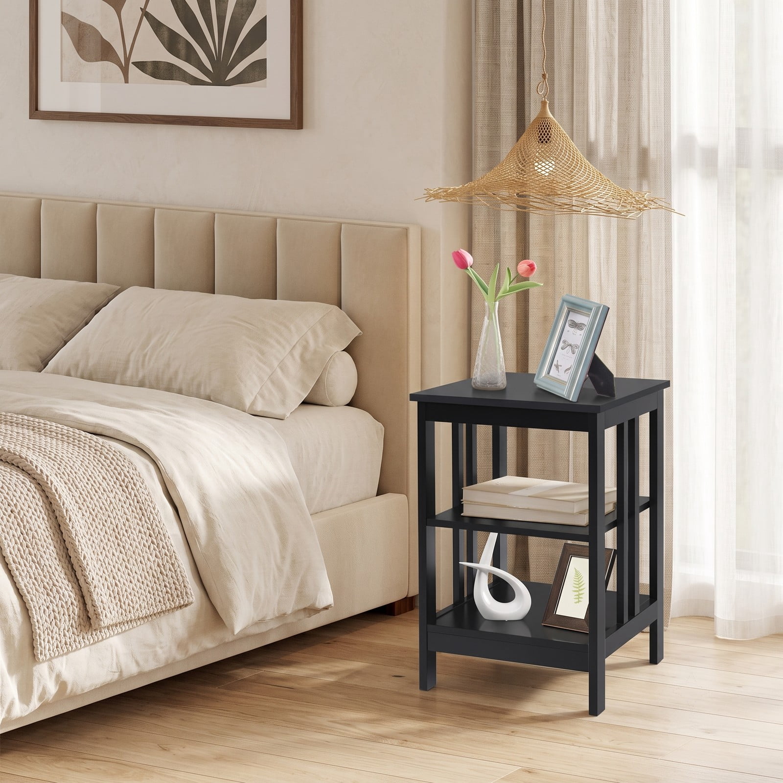 Furnibear 3-Tier Nightstand Sofa Side Table, Narrow End Table with Baffles and Round Corners, Open Storage Shelf Bedside Table for Bedroom Living Room Entryway, Black