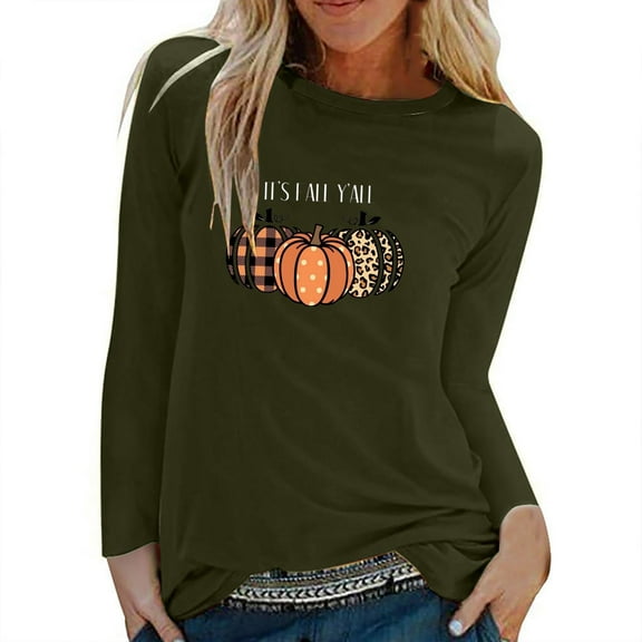 Odeerbi Thanksgiving Shirts For Women Fashion Round Neck Long Sleeve Pumpkin Print 2025 Casual T-shirt Blouse Olive Drab
